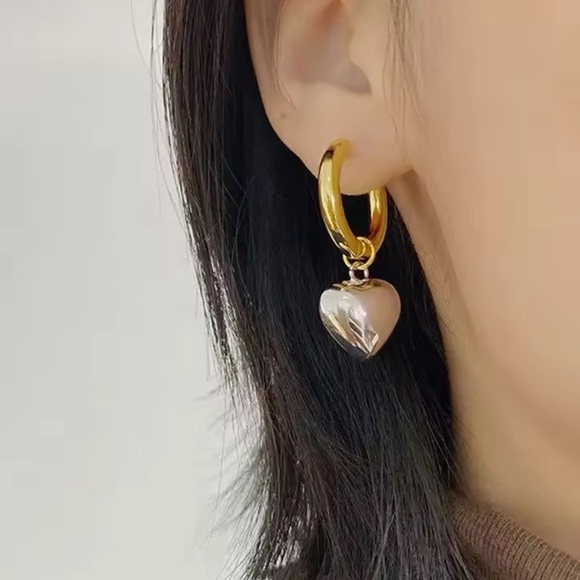 Giulia -Mixed Color Gold And Silver Heart Minimalist Hoop Earrings.Heart Pendant - Picture 6 of 12